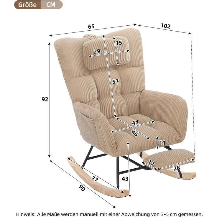 Schaukelstuhl aus Cordstoff in Braun mit hoher Rückenlehne, Beinstütze, Seitentasche, Relax Sessel für Wohnzimmer & Babyzimmer – Bild 10