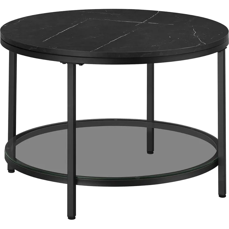 VASAGLE Couchtisch, Wohnzimmertisch, Sofatisch, für Wohnzimmer, mit Glasplatte, viel Stauraum, einfacher Aufbau, moderner Stil, marmorschwarz-tintenschwarz LCT072B58