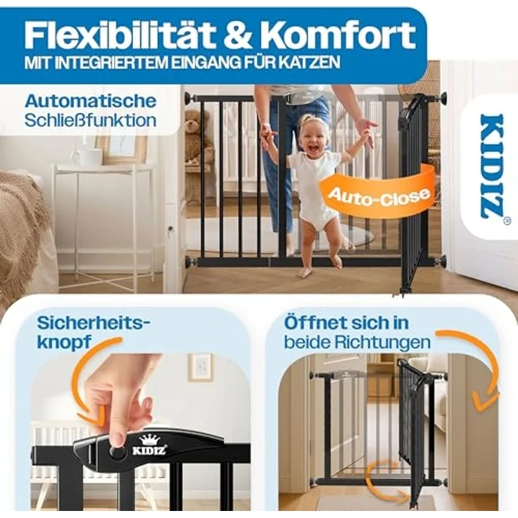 KIDIZ® Schutzgitter für Treppen | Tür, Auto Close Kindertreppengitter ohne Bohren | 90° Stop, Absperr Türschutzgitter, schwenkbare Trennwand, Treppenschutzgitter, Klemmen SCHWARZ BASISTEIL – Bild 4