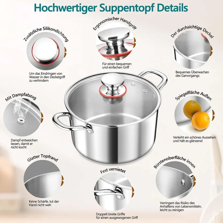 TEAMFAR 20cm Kochtopf 3-Lagen Edelstahl Hochglanzpoliert mit Glasdeckel – Bild 3