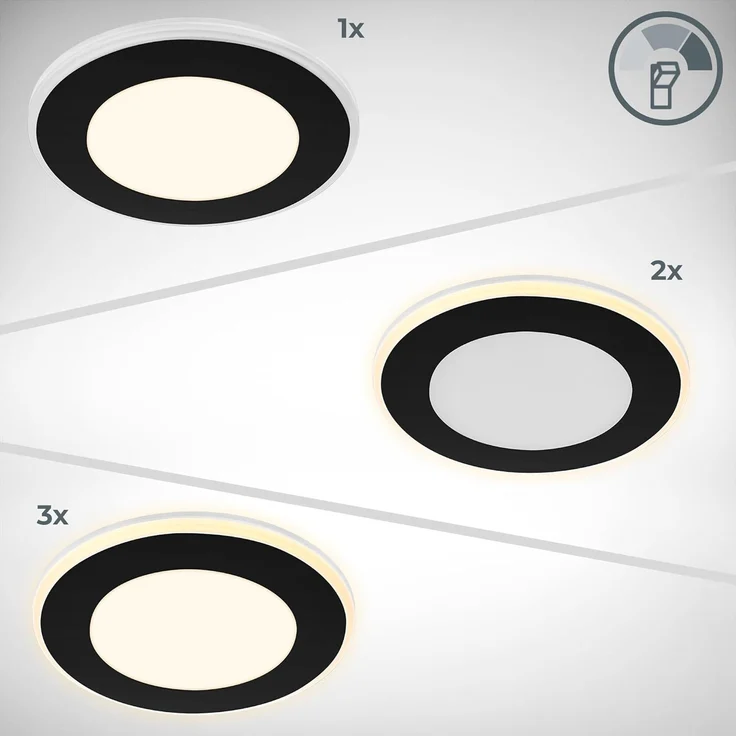 B.K.Licht - 6er Set LED Einbaustrahler 230V mit Nachtlichtfunktion, Flächen und Ringe sep. schaltbar, Speicherfunktion, LED Spot, flach, Deckenspots, Einbauleuchten, 68mm, 93x30 mm, Schwarz – Bild 3
