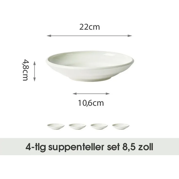 JIWOO Suppenteller 4er Ø22cm, Speiseteller Pastateller Salatteller Dessertteller Plate, (4 St), Keramik Tellerset Weiß mikrowellen- und spülmaschinenfest Ø21,2 cm
