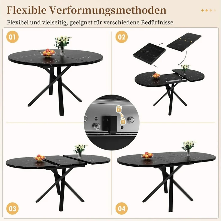 i@home Esstisch Runder Ausziehtisch (1 Tisch), (100 -140 cm) x 75,5 cm hoch, Mit robustem X-Metallgestell in Schwarz – Bild 3