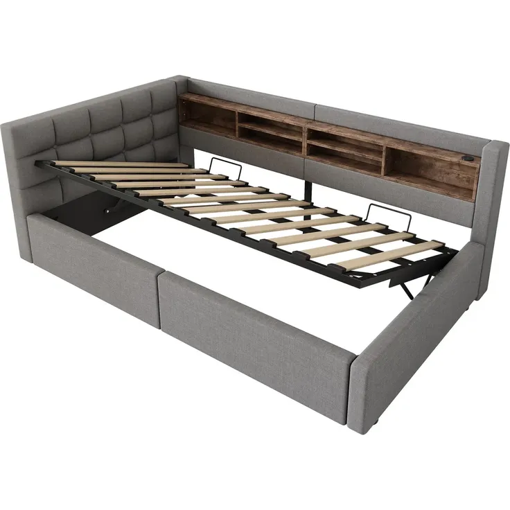 Polsterbett mit LED-Streifen, Lattenrost, Regal, Aufbewahrung, Type-C und USB, gepolsterter Kopfteil, 90x200 cm, Schlafsofa, Tagesbett, Leinen – Bild 7