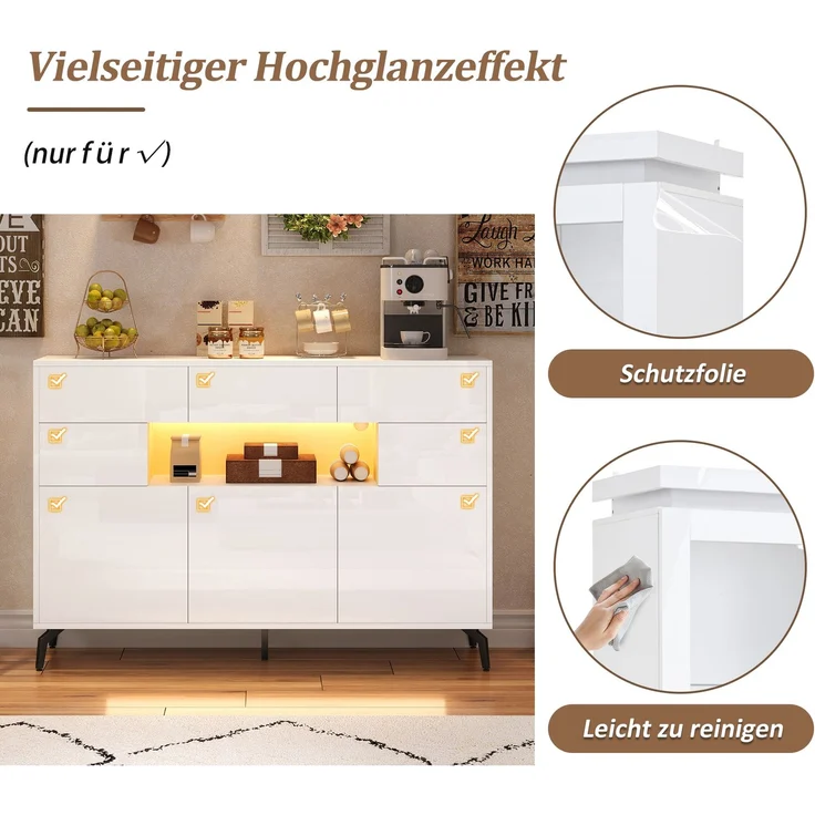 Abrihome Sideboard mit Stauraum und LED, Weiß, 94x30x140 cm – Bild 7