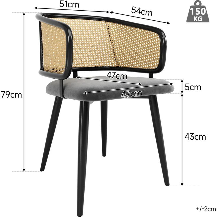 4 Esszimmerstühle mit Rattan-Rückenlehne & Samtkissen, 47x47x79 cm, Grau – Bild 10