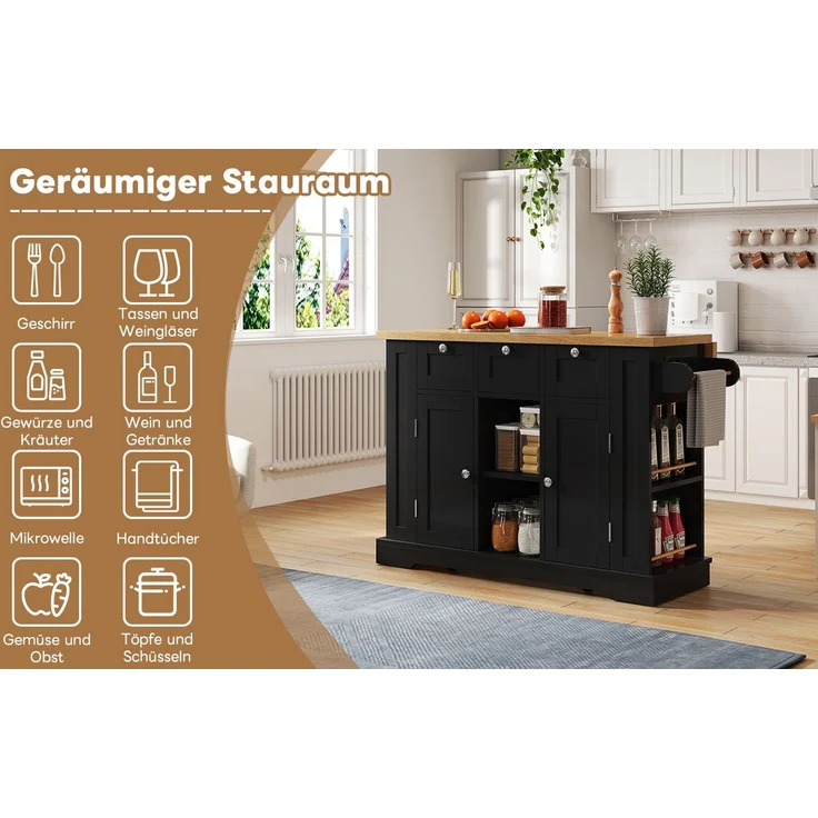 Kücheninsel mit ausziehbarer Arbeitsplatte & Rollen, 132x40/70x87 cm, Natur/Schwarz – Bild 8