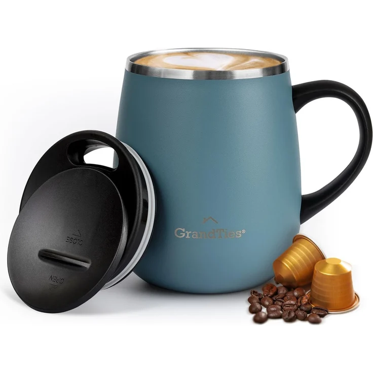 Grandties Insulated Coffee Mug with Handle- Sliding Lid for Splash-Proof 16 oz Wine-Glass Shape Thermal Tumbler with Double Walled Vacuum Stainless Steel to Keeps Beverages Hot or Cold-Atlantis Blue