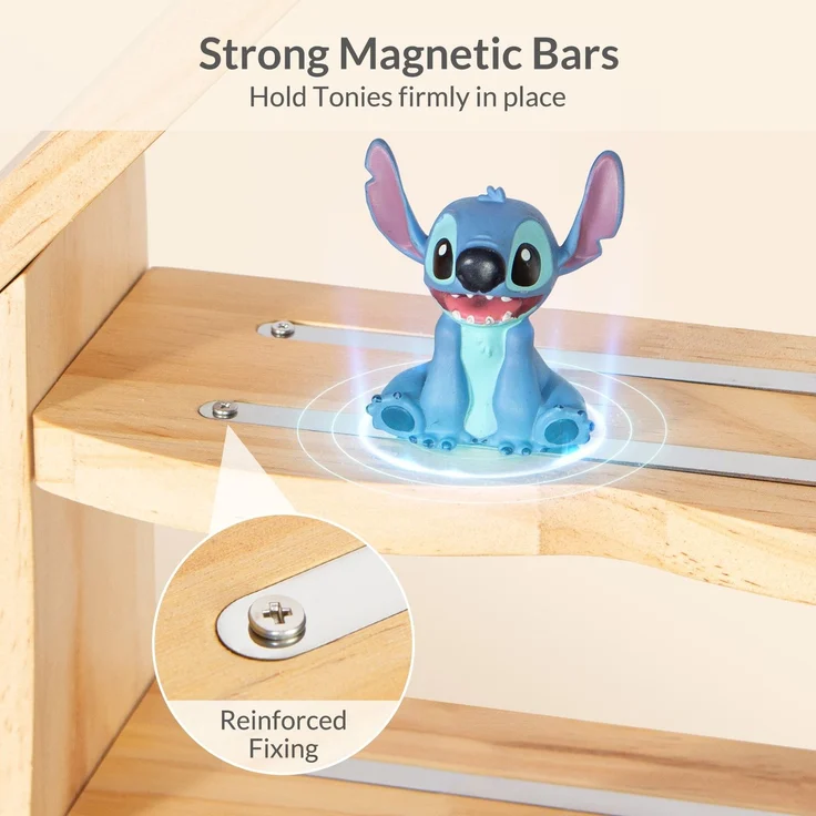 Todeco Toniebox Regal aus Holz, Magnetische Aufbewahrung für 30-40 Tonie Figuren, Verstärkte Magnetleisten, Seitenhaken, Freistehende Regale, Kinderregal für Mädchen & Jungen, Hausförmiger – Bild 4