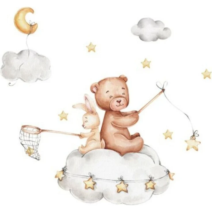 Montegoni Wandsticker Bär & Hase Wolken Wandsticker mit Mond und Sternen – Kinderzimmer (1 Set Wandsticker Bär Hase Wolken Mond Sterne), Selbstklebend, abnehmbar, wasserfest, rückstandslos entfernbar – Bild 1