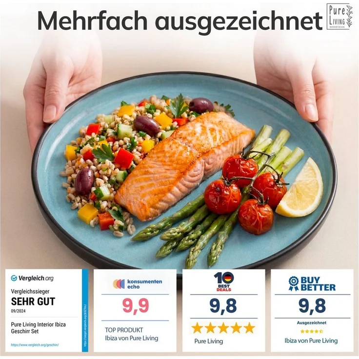 Steingut Teller Groß 6 Personen Ibiza TESTSIEGER, Traumhaftes Mediterranes Steingut Speiseteller Set, Stylisches Essteller Set, Pure Living in Aquamarin – Bild 3