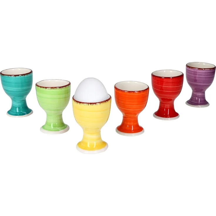 Uni bunt 6er Set Eierbecher blaue Eierhalter Eierständer Steingut Strudeldekor