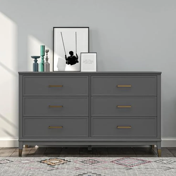 DHP Westerleigh Kommode mit 6 Schubladen, Graphitgrau, 145 x 41 x 85 cm, MDF mit goldfarbenen Griffen, Moderne Schlafzimmerkommode mit viel Stauraum – Bild 2