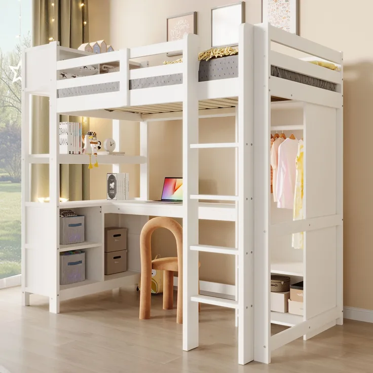 Merax Hochbett, Kinderbett 90x200 cm, mit Regale, mehrere Ablagefächer, Schreibtisch, Kleiderschrank, ohne Matratze, Weiß