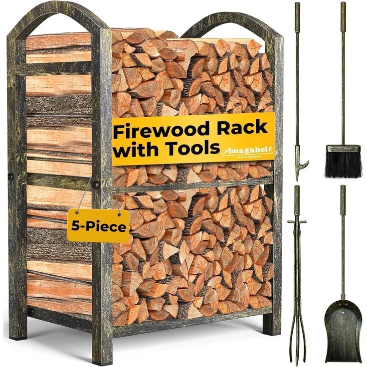 Amagabeli Kaminholzregal 4 Kaminwerkzeug 74x40x30cm Innen Außen Holzregal