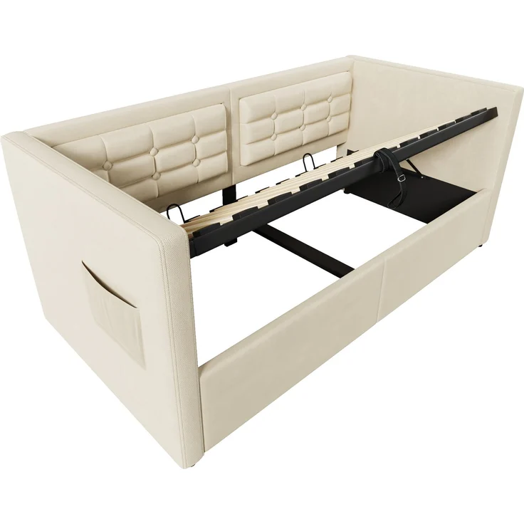 Merax Daybett Hydraulisches Polsterbett 90x200cm mit USB & Type C, Schlafsofa Tagesbett mit Ablagefächer, Einzelbett Jugendbett, Samt, Beige – Bild 8