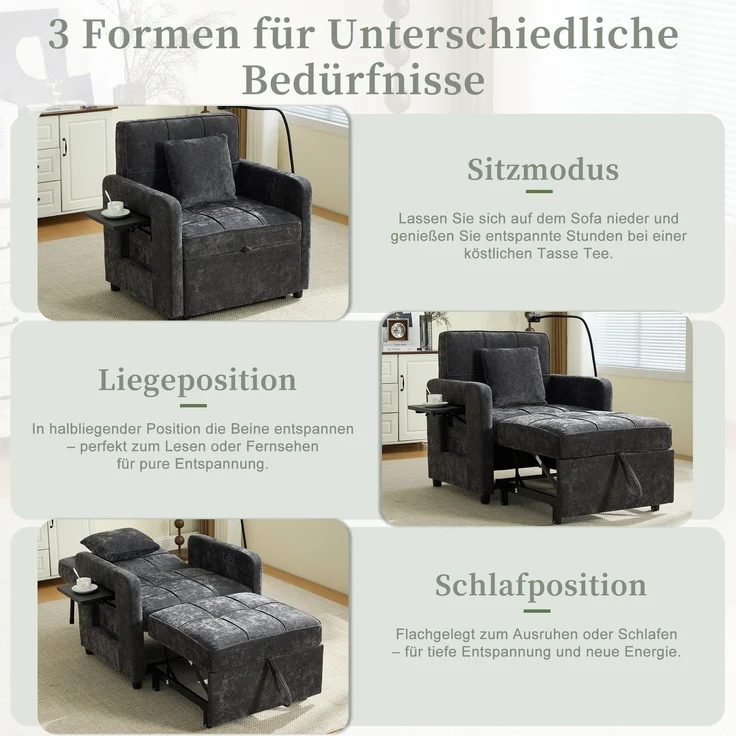 LVHOM Multifunktionaler Schlafsessel mit klappbarer Ablage, Ausziehbares 1-Sitzer Schlafsofa mit Handyhalter und Seitentaschen, Loungesessel, Dunkelgrau – Bild 9