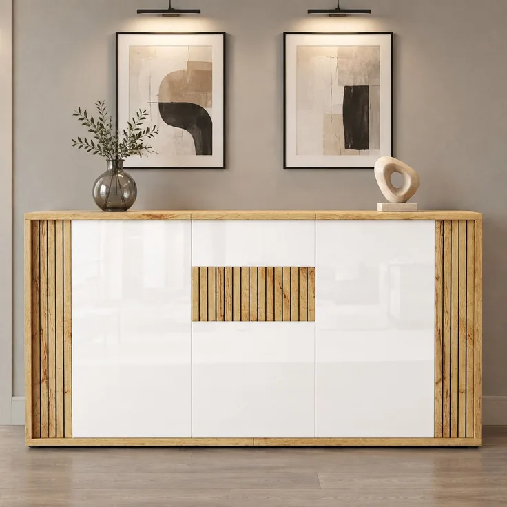 DESVIAE Sideboard Weiß/Naturholz aus MDF/Spanplatte – 140x71x35 cm – 3 Türen, 6 Fächer