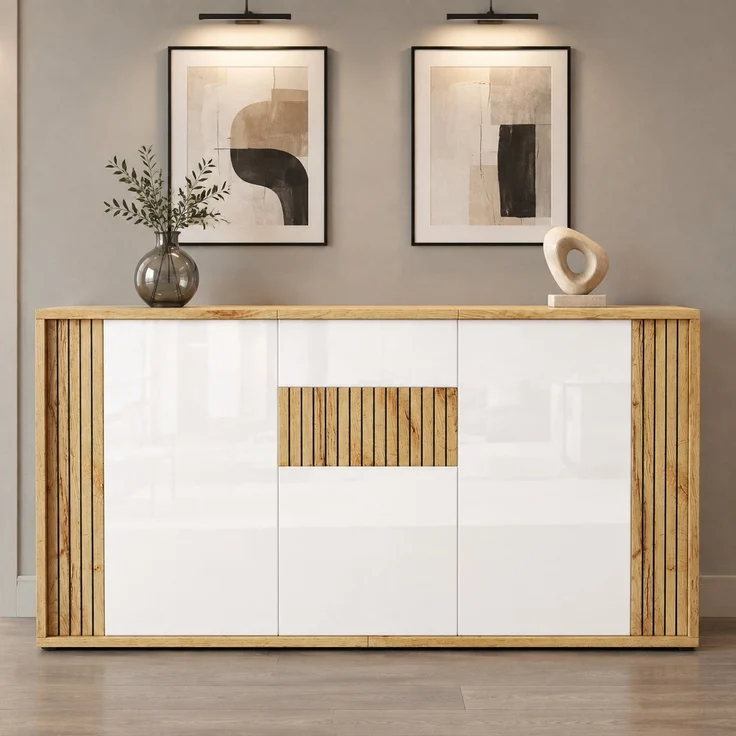 DESVIAE Sideboard Weiß/Naturholz aus MDF/Spanplatte – 140x71x35 cm – 3 Türen, 6 Fächer – Bild 1
