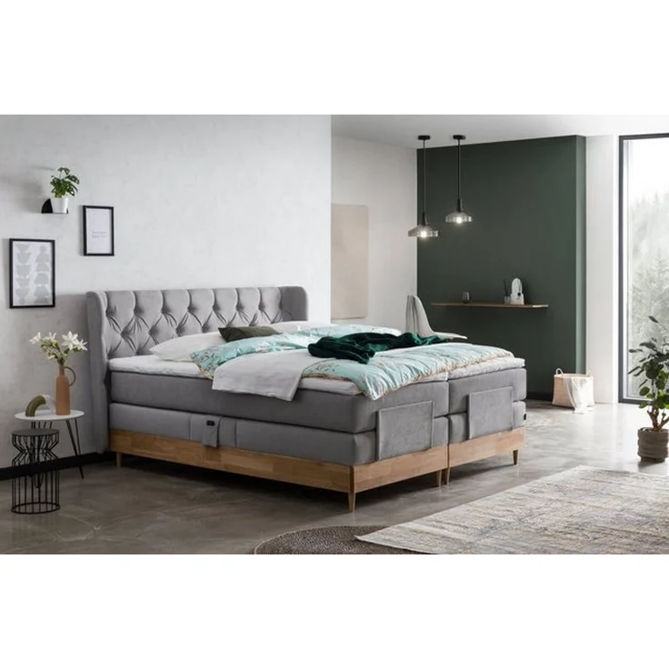 Belanoti Boxspringbett EON (Boxspringbett 180x200 elektrisch verstellbar Bett 180x200 mit Motor, 7-Zonen Taschenfederkern Matratze inklusive Visco Topper), in der Farbe Hellgrau H2/H3 Polsterbett Motorbett mit Eiche – Bild 4