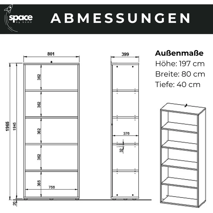 bümö Space Aktenregal Holz, Mehrzweckregal 80 cm breit in Graphit - Regal für 5 OH, Büro Regal groß als Möbel für Arbeitszimmer, Büroregal, Bücherregal & Ordnerregal, SPCAR5OH547 – Bild 7