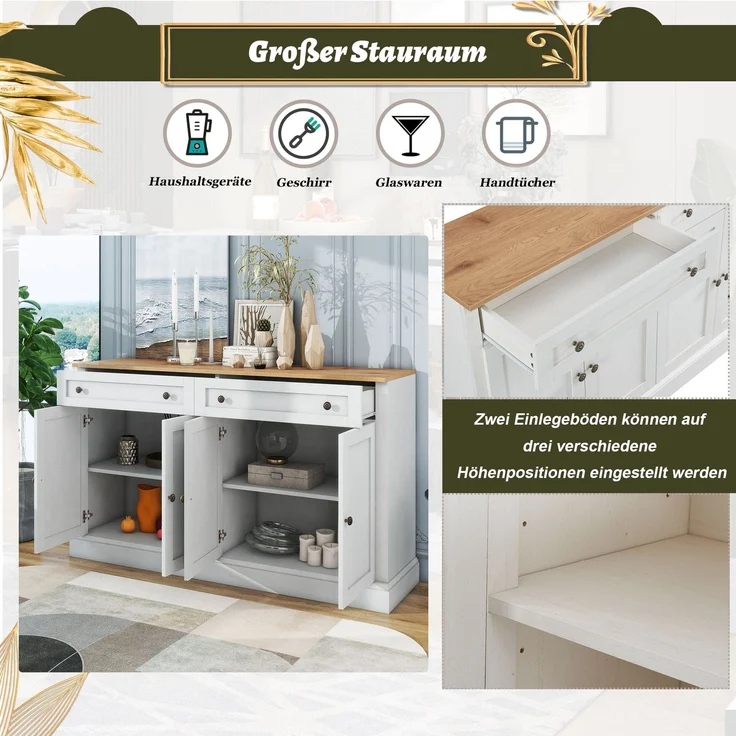 Sideboard Weiß mit Naturholz-Optik, 4 Türen 2 Schubladen, großer Stauraum, Wohnzimmer Anrichte Buffetschrank – Bild 4