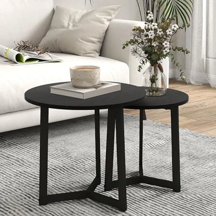 HOMCOM Couchtisch-Set, Schwarz, runde Form aus lackiertem Stahl und MDF, ø48x45 cm und ø40x40 cm, platzsparend und modern – Bild 6