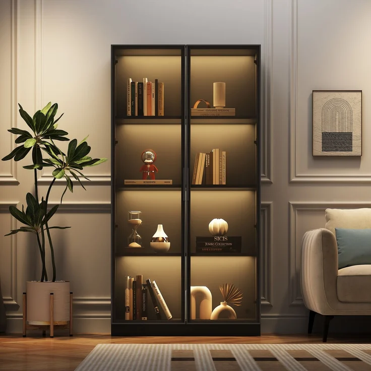 Glasvitrine mit APP LED-Beleuchtung, doppeltürige Vitrine mit beweglichen Einlegeböden, 80*40*160cm,Hochschrank für Wohnzimmer, Standvitrine,Badezimmerschrank – Bild 1