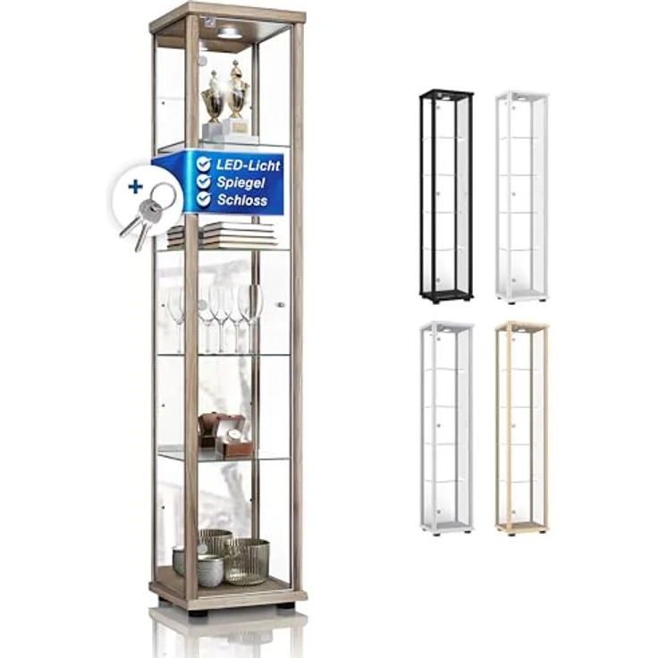 K-Möbel Glasvitrine Sonoma Eiche, Rechteckig mit 4 Fächern, 37x176x33 cm, modernes Design für Wohnzimmer und Wohnwände