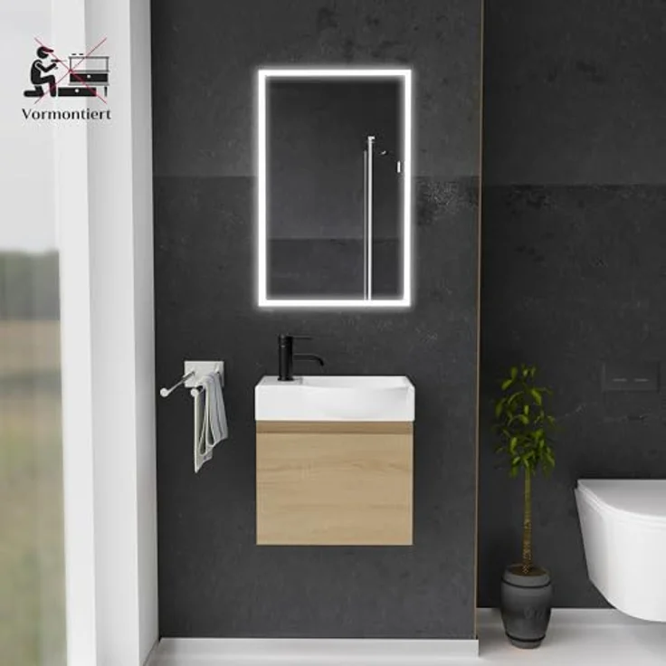 Alpenberger Badmöbel-Set - Gäste WC Waschbecken mit Unterschrank 45 cm Breit, (Badschrank 2-tlg, Waschtisch hängend), Waschbeckenunterschrank mit Softclose - Eiche Hell - Rechts Becken – Bild 3