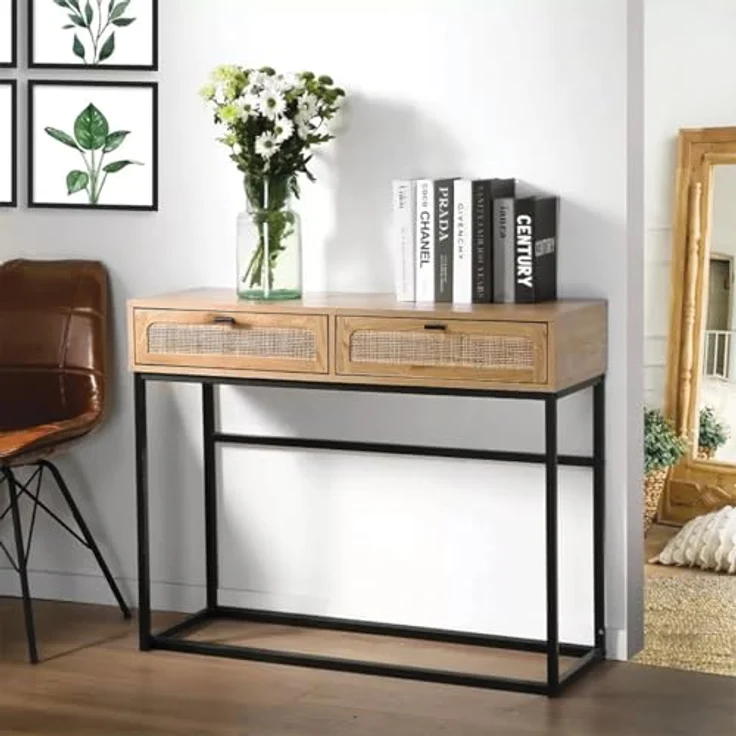 Casâme 'JAYA' Konsole aus Rattan mit 2 Schubladen L100cm - Eicheneffect - Helles Holz – Bild 3