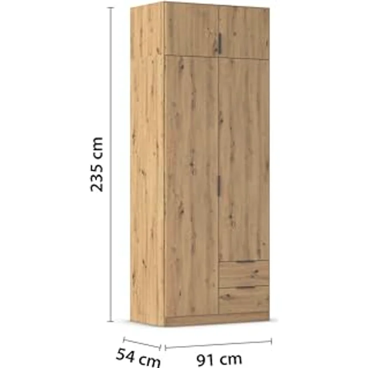 Rauch Möbel Lagoa, Kleiderschrank, Garderobe für Schlafzimmer, Kinderzimmer, Jugendzimmer 4-türig, 2 Schubladen, mit Zubehör Classic, Farbe Eiche Artisan, Holz, Breite 91 – Bild 4
