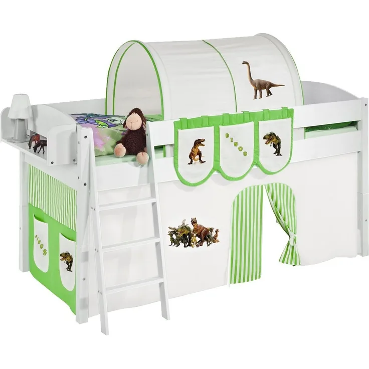 Lilokids 'Ida 4105' Spielbett 90x200 cm, Dinos Grün Beige, Kiefer massiv, mit Vorhang