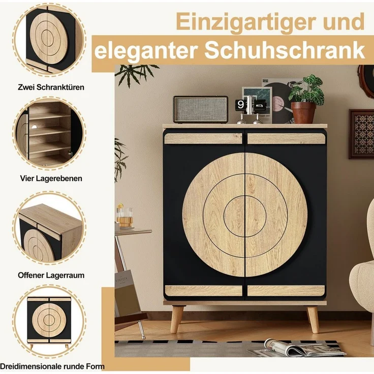 Merax Schuhschrank mit runden Geometrie-Türen (1-St) Schuhregal Kommode mit Stauraum und Holzbeine, 76×37×98,5 cm – Bild 3