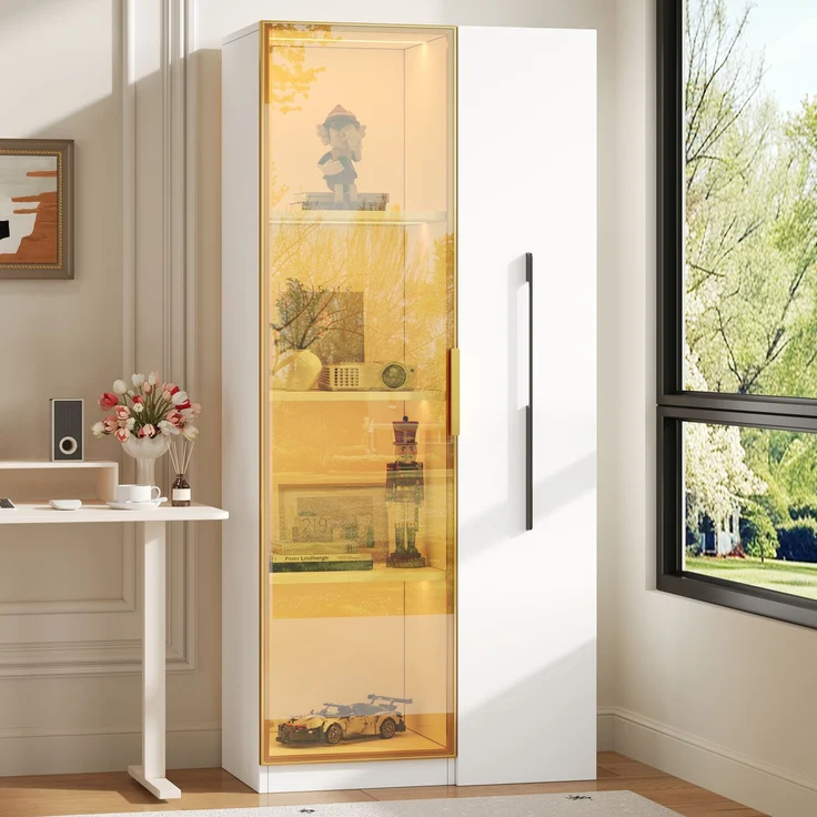 ZUBALIYA LED-Glasvitrine, integrierte LED-Beleuchtung, Türen aus gehärtetem Glas, mit Schubladen, H 160 × B 70 × T 40 cm, Weiß, viel Stauraum, für Wohn- und Essbereich – Bild 4