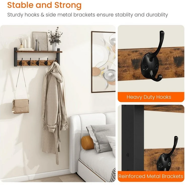 SURFOU Wandhaken Wandhaken mit Regal – Garderobenleiste Holz mit 5 Haken, Wandgarderobe, (Wandmontiertes Garderobenpaneel aus Holz & Metall (braun/schwarz) – Für Flur, Kinderzimmer & Bad, inkl. Montagematerial, 1-St, 41,5 cm Garderobe, Schlüsselbrett, ... – Bild 3