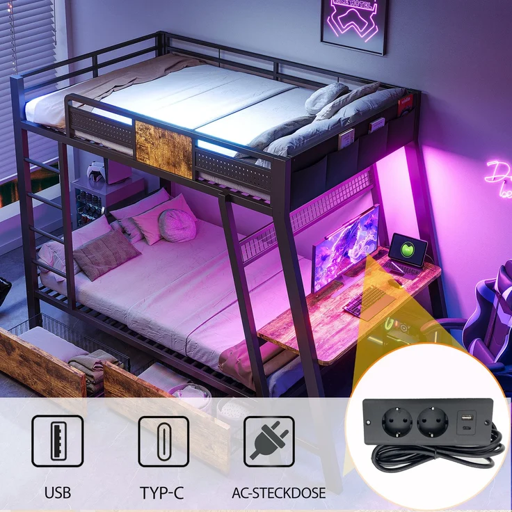 Metall-Etagenbett 90×200cm,integrierter Gaming-Schreibtisch mit Steckdosen, USB- und Type-C-Anschlüssen, mit LED-Lichtband, zwei Aufbewahrungskörben, Jugend-Spielbett, Doppel-Eisenbett, Schwarz – Bild 4