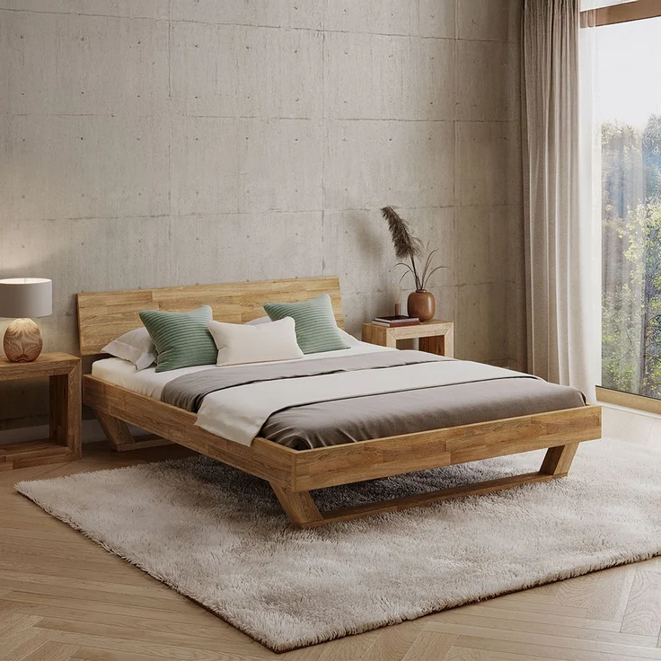 skølm 'Nornir' Bett 160x200 cm, Bettgestell, natur geölt, Massivholzbett aus Eiche mit Holzkufen, Doppelbett mit durchgehendem Bettkopf – Bild 1