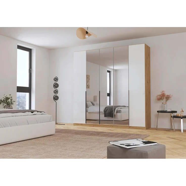 Rauch Möbel Alabama, Kleiderschrank, Garderobenschrank, 5-türig, Spiegel, Zubehör Classic, 3 Kleiderstangen, 9 Einlegeböden, Farbe Hochglanz Weiß/Eiche Artisan, Holz, Griff Grau metallic, 226 x 229 x 54 cm – Bild 2
