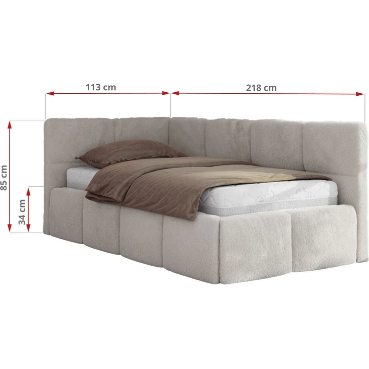 Jugendbett 90x200 ARVO Polsterbett mit Bettkasten, Stauraum & Gasdruckfeder, Modernes Design mit Kopfteil, Pocket Matratze - Hellgrau Plüsch - VIRE LUX - Rechts Seite – Bild 3