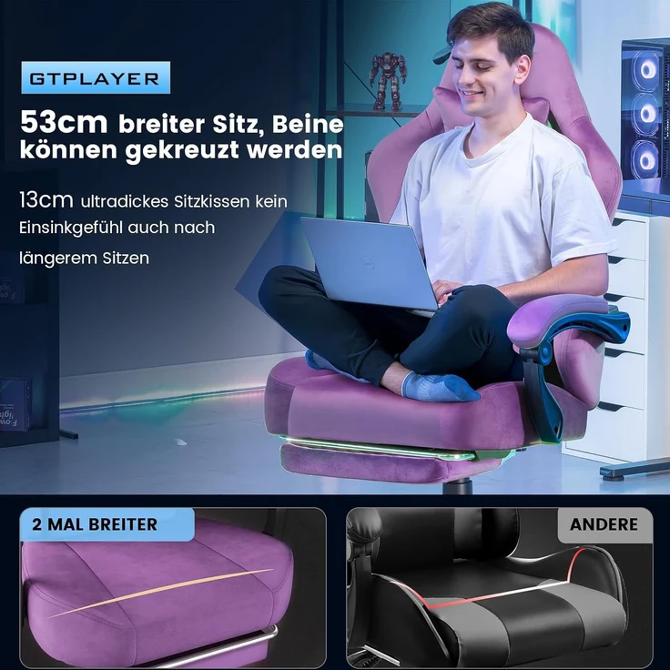 GTPLAYER Gaming Stuhl,Atmungsaktiver Bürostuhl,bürostuhl ergonomisch, Hochwertiger - Stoff,Ergonomischer PC Stuhl,160° Verstellbare Rückenlehne und ausziehbare Fußstütze,Tragkraft 180 kg,Dunkelviolett – Bild 6
