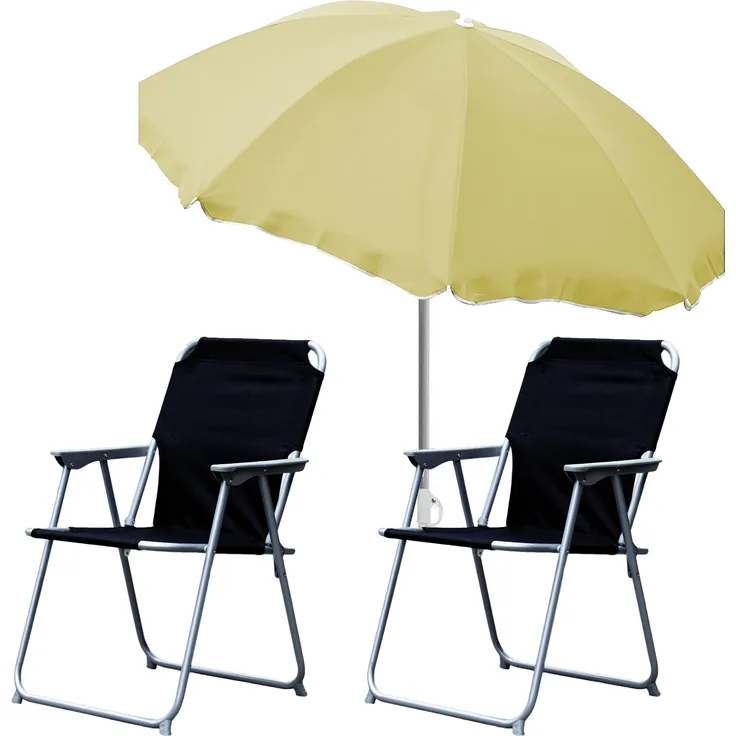 2x Campingstuhl Klappstuhl Schwarz + Sonnenschirm Ø180cm Beige