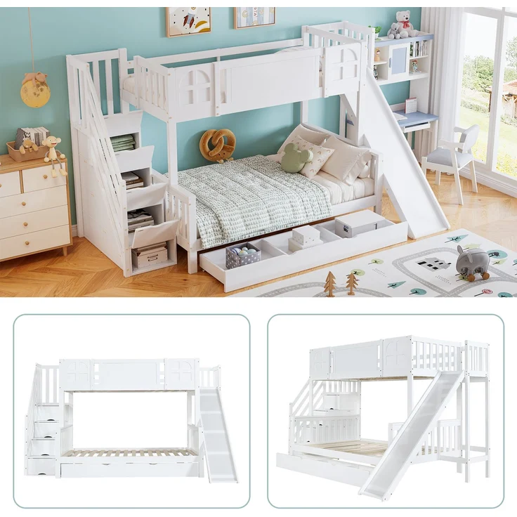 Merax 90x200cm Etagenbett, Kinderbett Mit Fenster, Mit Kinderrutsche, Schubladen mit Rollen, Treppen mit Handlauf, Mit 4 Schließfächer in der Treppe, Weiß – Bild 8