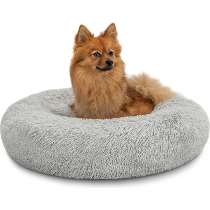 lionto Donut Hundebett, rundes Hundesofa mit Plüschbezug & Anti-Rutsch-Noppen, weich & gemütlich, 60 cm Durchmesser, hellgrau – Bild 1