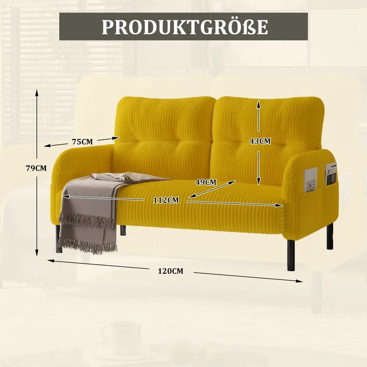 LVHOM 2-Sitzer Sofa mit Metallsockel, Doppelsofa Cordstoff mit Seitentaschen, Polstersofa Stoffsofa Sitzmöbel Loungesofa, 120x79x75cm – Bild 2