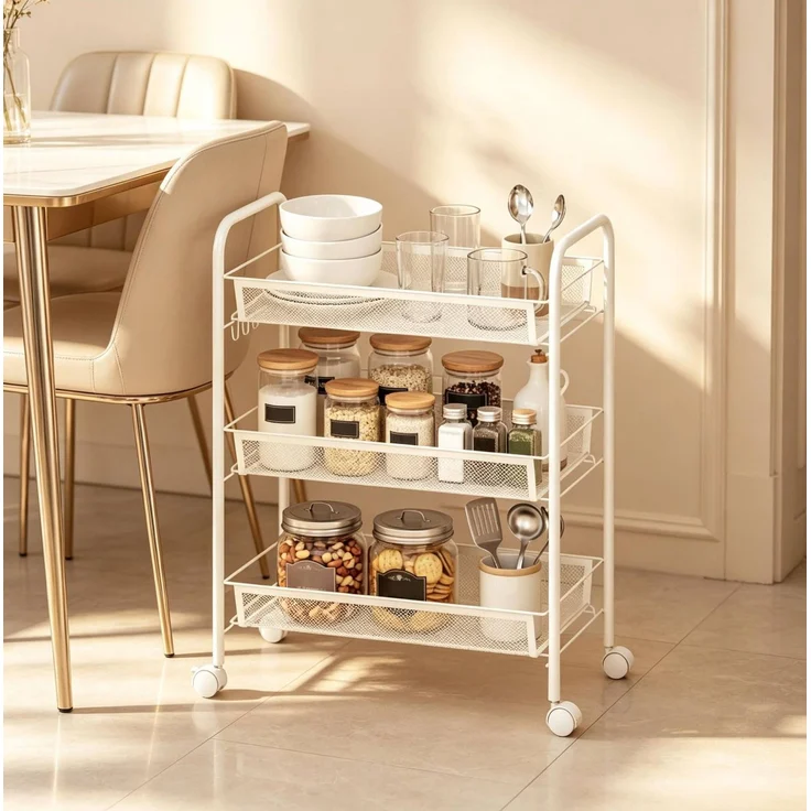 Rollwagen aus Stahl mit 3 abnehmbaren Körben, 45x26,5x63 cm, Weiß – Bild 3