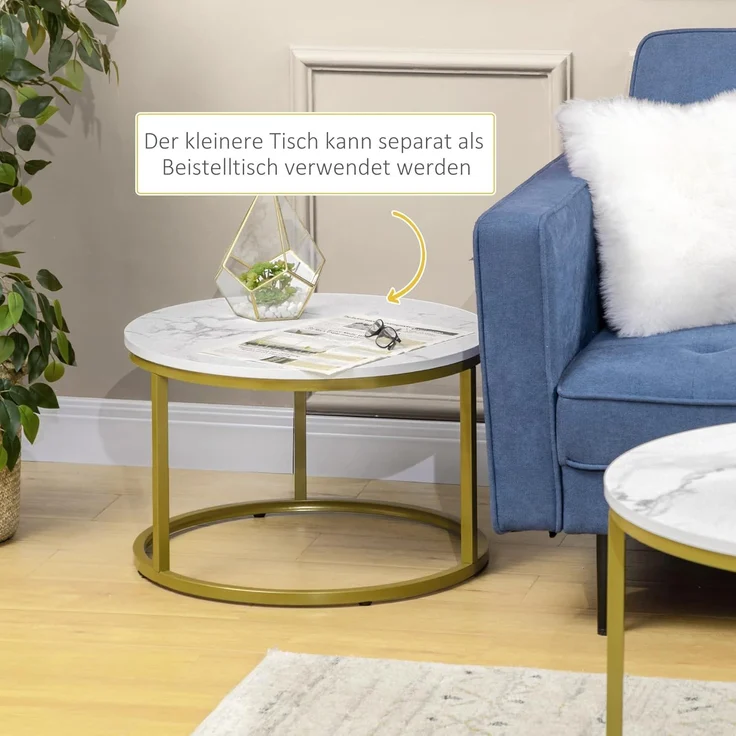 HOMCOM Couchtisch 2er-Set, Rund, mit Stahlgestell in Gold, Marmoroptik, stapelbar (Kaffeetisch, 2-St, Eckiger Beistelltisch), für Wohnzimmer, bis 30 kg belastbar, Weiß – Bild 5