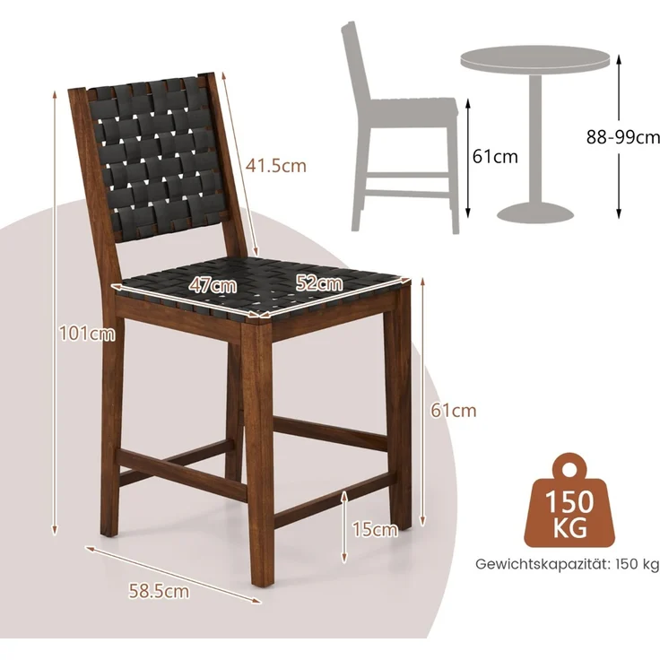 2er Set Esszimmerstühle mit Gewebter Rückenlehne Holzstuhl bis 150 kg Belastbar Schwarz – Bild 2