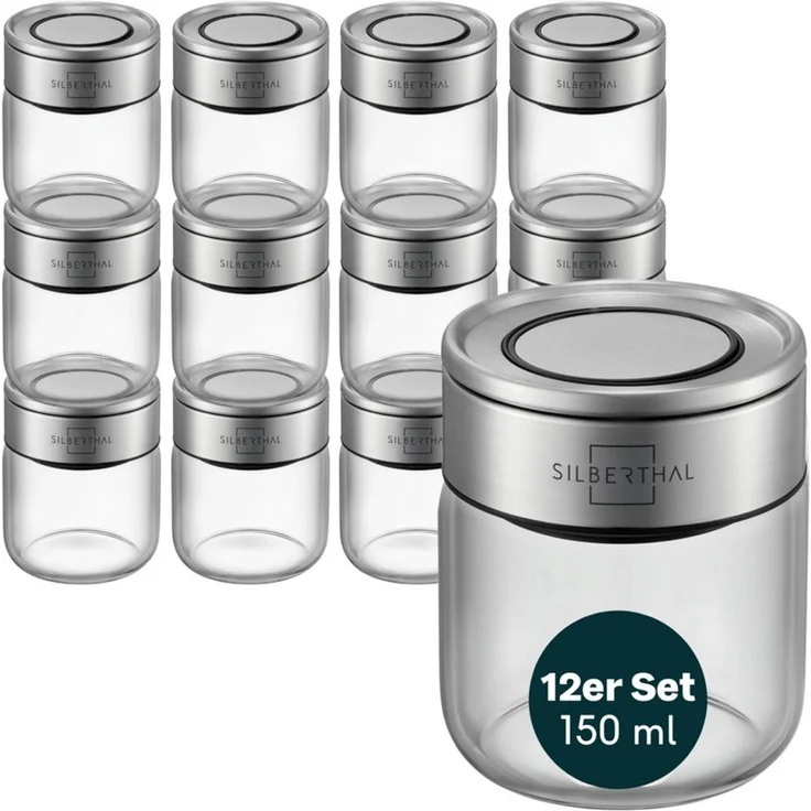 SILBERTHAL Gewürzbehälter Gewürzglas 150ml 12er Set mit Klickdeckel, Glas, Edelstahl, (12er Set 150ml, 12-tlg) – Bild 1