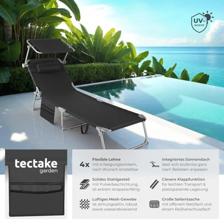 tectake® 2er Set Sonnenliege klappbar und tragbar, Liege mit Seitentasche, Strandliege, Gartenliege mit Dach, Liegestuhl mit Verstellbarer Rückenlehne, Kopfkissen - für Balkon, Terrasse (schwarz) – Bild 4